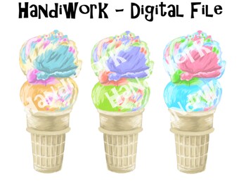 Colorful ice cream trio png design, ice cream cone sublimation trio, rainbow ice cream clip art, ice cream party shirt design, ice cream art