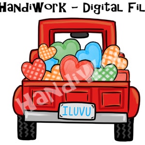 Red Valentine&#39;s Truck with Hearts PNG File, Valentine&#39;s Day Truck, Watercolor Truck, Valentine&#39;s Sublimation Design, Valentine&#39;s Cardmaking