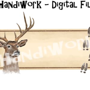 Realistic deer name frame png design, deer monogram sublimation design, watercolor buck with tracks, deer personalized kids shirt png