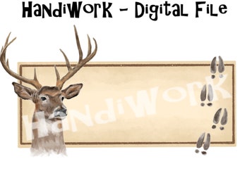Realistic deer name frame png design, deer monogram sublimation design, watercolor buck with tracks, deer personalized kids shirt png