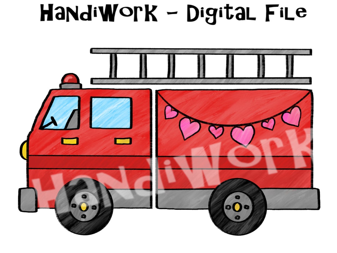 Valentines Fire Truck PNG File, Firetruck With Hearts, Painted