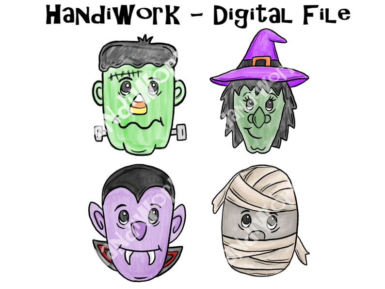 May include: Four Halloween character faces: a green Frankenstein, a green witch with a purple hat, a purple vampire, and a tan mummy.  The characters are drawn in a cartoon style.