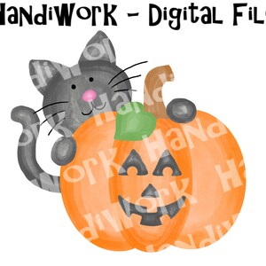 May include: A digital file featuring a gray cat peeking from behind an orange jack-o'-lantern. The pumpkin has a carved face with triangular eyes and a smiling mouth. The text "HandiWORK - Digital File" is at the top.