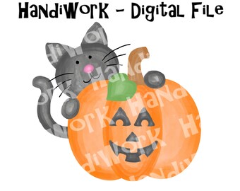 Cute watercolor black kitty with jack-o-lantern png design, Halloween black cat and pumpkin kids sublimation design, painted black cat png
