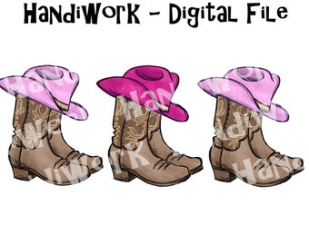 Cowgirl boots and pink hat PNG File, Watercolor brown Cowboy boots, Pink cowgirl hat and boots Sublimation Design, Rodeo sublimation design