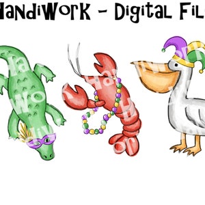 Diseño png de caimán, pelícano y cangrejo de río para carnaval, sublimación de trío de animales sureños para carnaval infantil, diseño de trío de animales de New Orleans Bayou