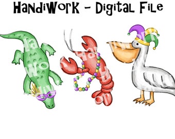 Alligator pelican and crawfish Mardi Gras png design, kids Mardi Gras southern animal trio sublimation, New Orleans Bayou animal trio design