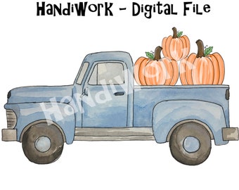Truck with Pumpkins PNG File, Fall Truck, Watercolor Truck with pumpkins, Boy fall Sublimation Design, Halloween Pumpkin design, blue truck