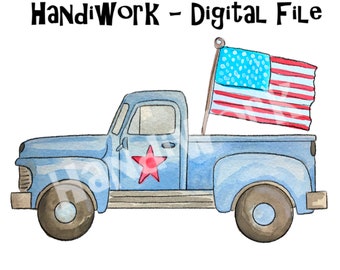 Watercolor truck with American Flag PNG File, Fourth of July Sublimation design, Independence Day Truck png Design, Watercolor fireworks