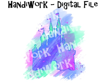 Watercolor painted castle, vacation castle sublimation design, mouse head castle design png, painted castle shirt design, paint splatter