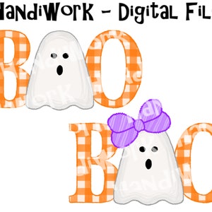 Boy and girl ghost BOO designs, ghost with bow digital design, kids digital boo with ghost pngs, orange gingham Halloween design, cute ghost