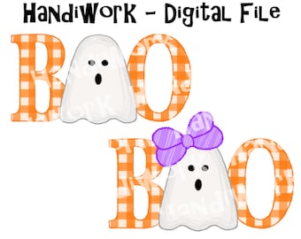 Boy and girl ghost BOO designs, ghost with bow digital design, kids digital boo with ghost pngs, orange gingham Halloween design, cute ghost