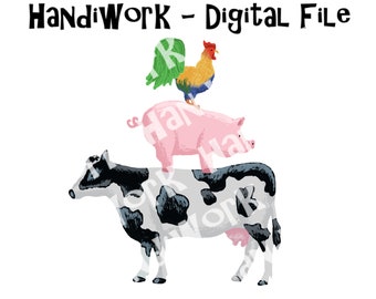 May include: A digital file featuring a cartoon illustration of a cow, pig, and rooster stacked on top of each other. The cow is black and white, the pig is pink, and the rooster is yellow, red, and green.
