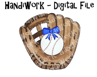 Baseball in Glove with bow PNG File, Watercolor Baseball in glove Design, girly baseball with bow sublimation design, girl baseball glove
