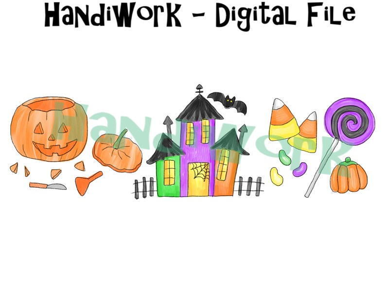 May include: A set of Halloween-themed digital clipart images. The set includes a jack-o'-lantern, a haunted house, candy corn, jelly beans, a lollipop, and a pumpkin.