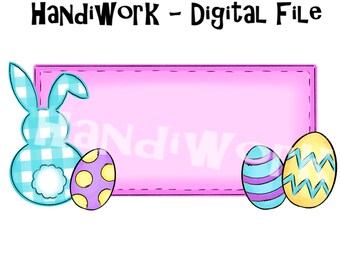 Marco de nombre de Pascua de niña con huevos y diseño de png de conejito, marco de huevo de Pascua de monograma y conejito, png de conejito de guinga, png de Pascua personalizado