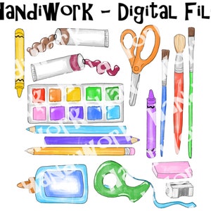 Puede incluir: Un conjunto de útiles de arte coloridos, que incluyen crayones, pinceles, tubos de pintura, tijeras, un lápiz, una regla, un pegamento en barra, un sacapuntas y una paleta de acuarela.