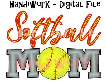 May include: Softball Mom graphic with a yellow softball with red stitching and the word "MOM" in gray with a red outline.