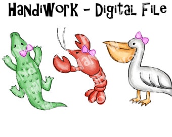 Alligator pelican and crawfish girl watercolor png design, girly southern animal trio sublimation, New Orleans kids animal trio design
