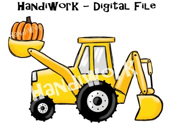 Puede incluir: Una excavadora de dibujos animados amarilla con ruedas negras y una calabaza en el cucharón delantero. La imagen tiene el texto "HandiWork - Digital File" en la parte superior. La excavadora es una ilustración digital.