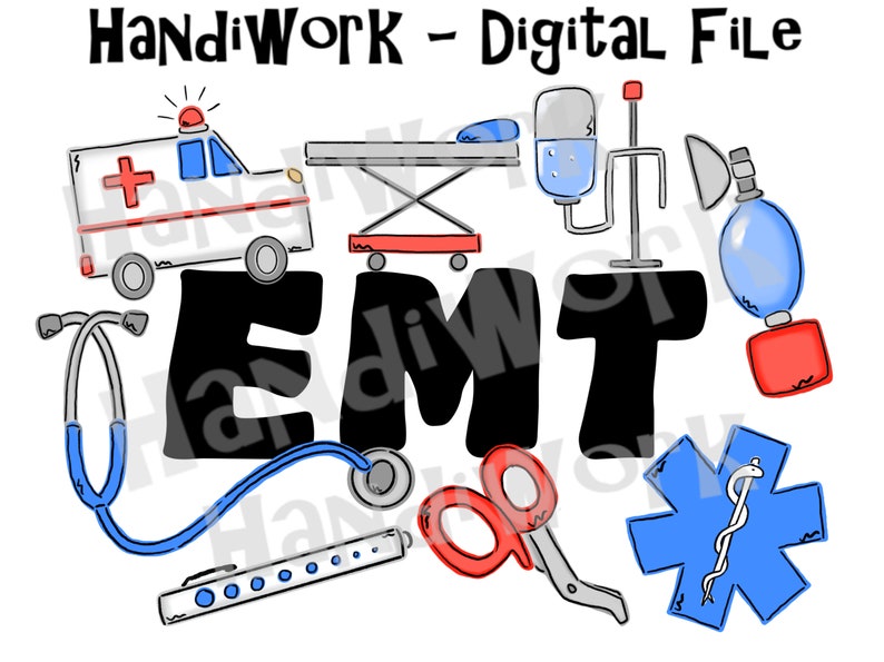 Puede incluir: Un archivo digital con la palabra "EMT" en letras negras rodeada de s&iacute;mbolos m&eacute;dicos, incluyendo un estetoscopio, una camilla, una jeringa, una m&aacute;scara de respiraci&oacute;n, un botiqu&iacute;n de primeros auxilios y una estrella de la vida.
