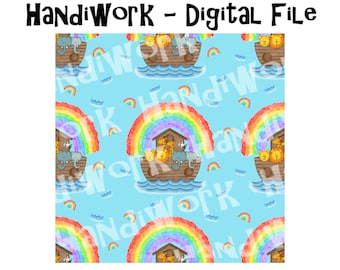 Noahs ark seamless design png, childrens Noah’s ark digital paper, Noah’s ark and rainbow fabric design png