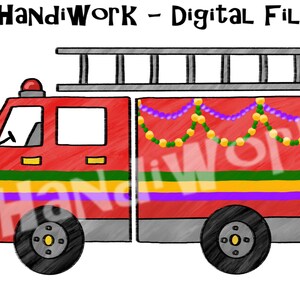 May include: A red fire truck with a ladder on top. The truck is decorated with purple and green beads and gold and green stripes. The truck has black wheels and a white background.