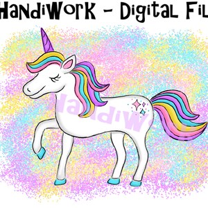 Girly unicorn png sublimation, brightly colored unicorn png design, painted unicorn digital design with glitter background, unicorn bday png