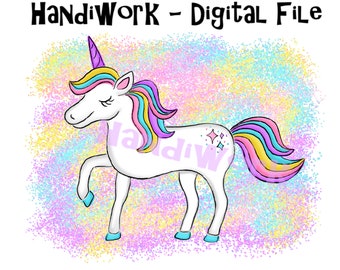 Girly Einhorn png Sublimation, buntes Einhorn png Design, gemaltes Einhorn digitales Design mit Glitzer Hintergrund, Einhorn Geburtstag png