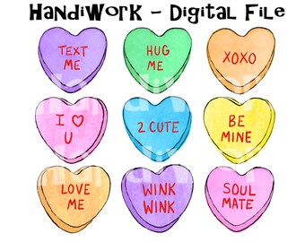 Candy Hearts Watercolor PNG Files, Valentine's Day Hearts, Watercolor Candy Hearts, Valentine's Sublimation Designs, Valentine's Cardmaking