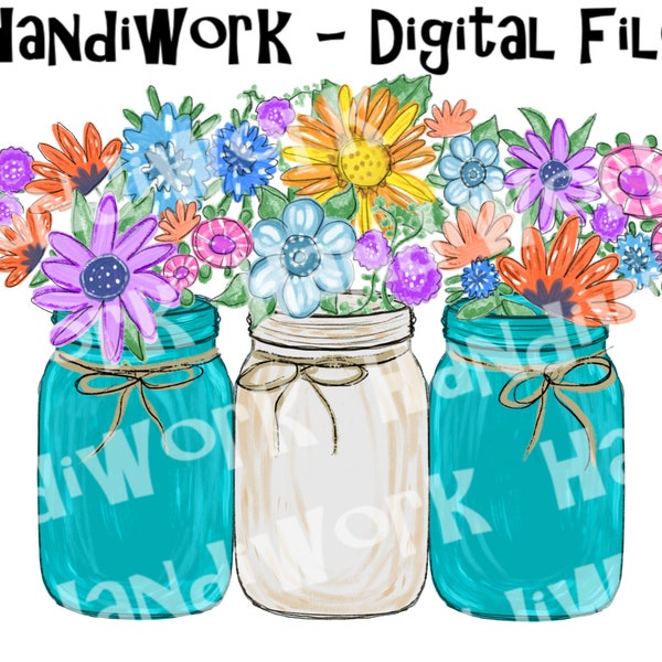 Teal mason jars with colorful flowers png design, bright flowers in aqua mason jars sublimation png, watercolor flowers in mason jars