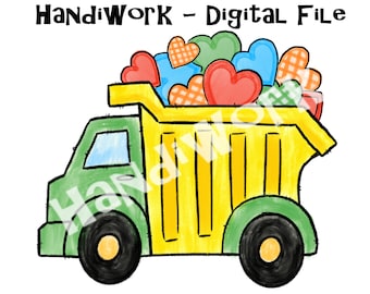 Dump truck with Hearts PNG File, Valentines Construction design, Boy Valentines Sublimation Design, watercolor dump truck with hearts