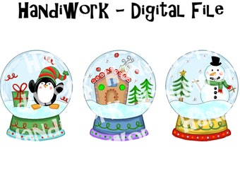 Snow globe trio painted png design, three different snow globe clip arts, Christmas snow globe art pngs, painted digital snow globe subs