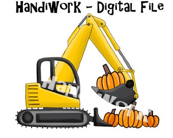 Fall excavator with pumpkins kids png design, excavator with pumpkins sublimation, construction fall boy design, yellow painted excavator