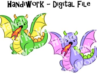 Diseños png de dragón de dibujos animados, dragones pintados de niño y niña, lindos dragones de sublimación, archivos digitales de dragones verdes y púrpuras, dragones místicos
