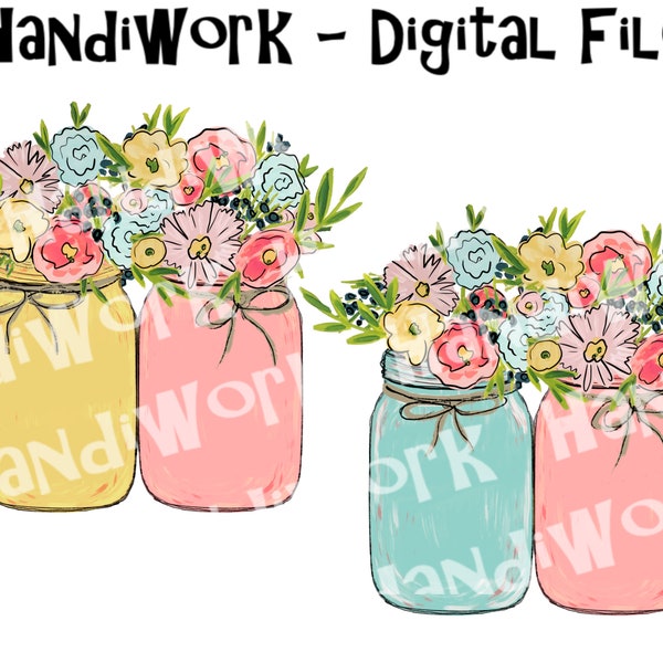 Two colored Mason jars with flowers PNG File, two Watercolor jars with bright flowers Design, Spring sublimation design, mason jar clip art