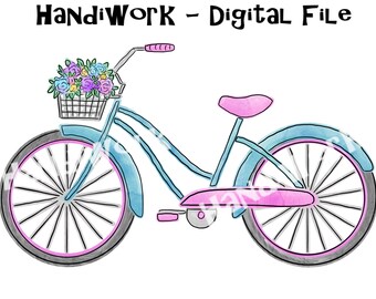 File PNG della bicicletta dell'acquerello, design della bicicletta dipinta di primavera, png di bicicletta rosa e menta, bicicletta dipinta con fiori, bicicletta antica