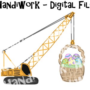 Könnte beinhalten: Ein gelber Baukran hebt einen Korb voller bunter Ostereier. Der Kran hat eine schwarze Kabine und ein graues Kabel. Der Korb ist geflochten und hat einen braunen Griff.