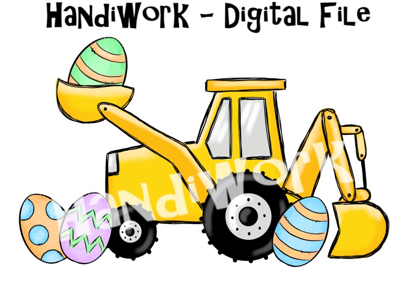 May include: A yellow toy excavator with a scoop, carrying a green and white striped Easter egg.  Three other Easter eggs are on the ground, one with blue polka dots, one with purple zigzags, and one with blue and orange stripes.