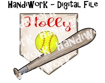 Softball with Bat PNG File, Watercolor Softball Design, Softball with bat and home plate design, Softball and Bat Sublimation Design