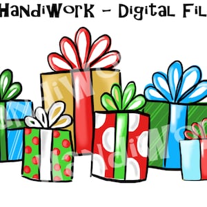 May include: A collection of six wrapped gifts with colorful paper and ribbons. The gifts are in various sizes and shapes, with a mix of red, green, blue, and gold wrapping paper. The gifts are arranged in a row, with the largest gift in the center.