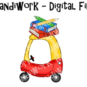 Kids red and yellow car with pre-k design, kids ride on push car pre-k design png, kids red and yellow push car with pencil png
