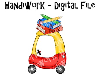 Kids red and yellow car with pre-k design, kids ride on push car pre-k design png, kids red and yellow push car with pencil png