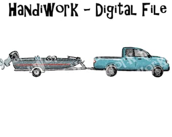 Archivo PNG de camión y remolque para pesca de lubina, archivo de arte de barco para pesca de lubina, diseño de camión y remolque de pesca para niños, barco y camión para pesca de lubina dibujados