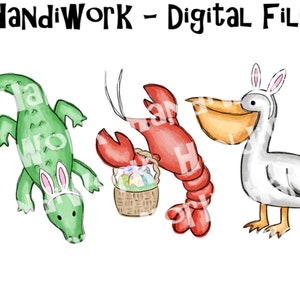 Alligator pelican and crawfish Easter png design, kids southern animal Easter trio sublimation, New Orleans kids Bayou animal trio design