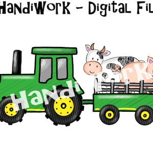 Tractor con diseño png de cerdo y vaca, animales de granja y sublimación de tractor, archivo png de tractor verde y amarillo, animales de granja en tractor png
