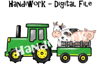 Tractor with pig and cow png design, farm animals and tractor sublimation, green and yellow tractor png file, farm animals in tractor png