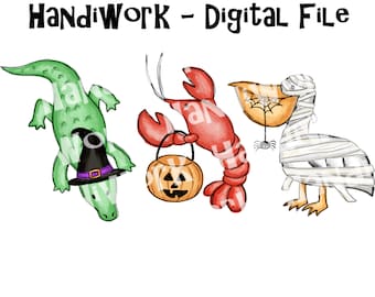 Alligator pelican and crawfish Halloween png design, kids Halloween southern animal trio sublimation, New Orleans spooky animal trio design