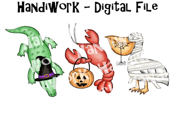 Alligator pelican and crawfish Halloween png design, kids Halloween southern animal trio sublimation, New Orleans spooky animal trio design
