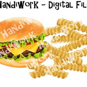 Realistic burger and fries png design, burger and fries clip art, burger and fries sublimation, burgers and fries shirt design, hand painted